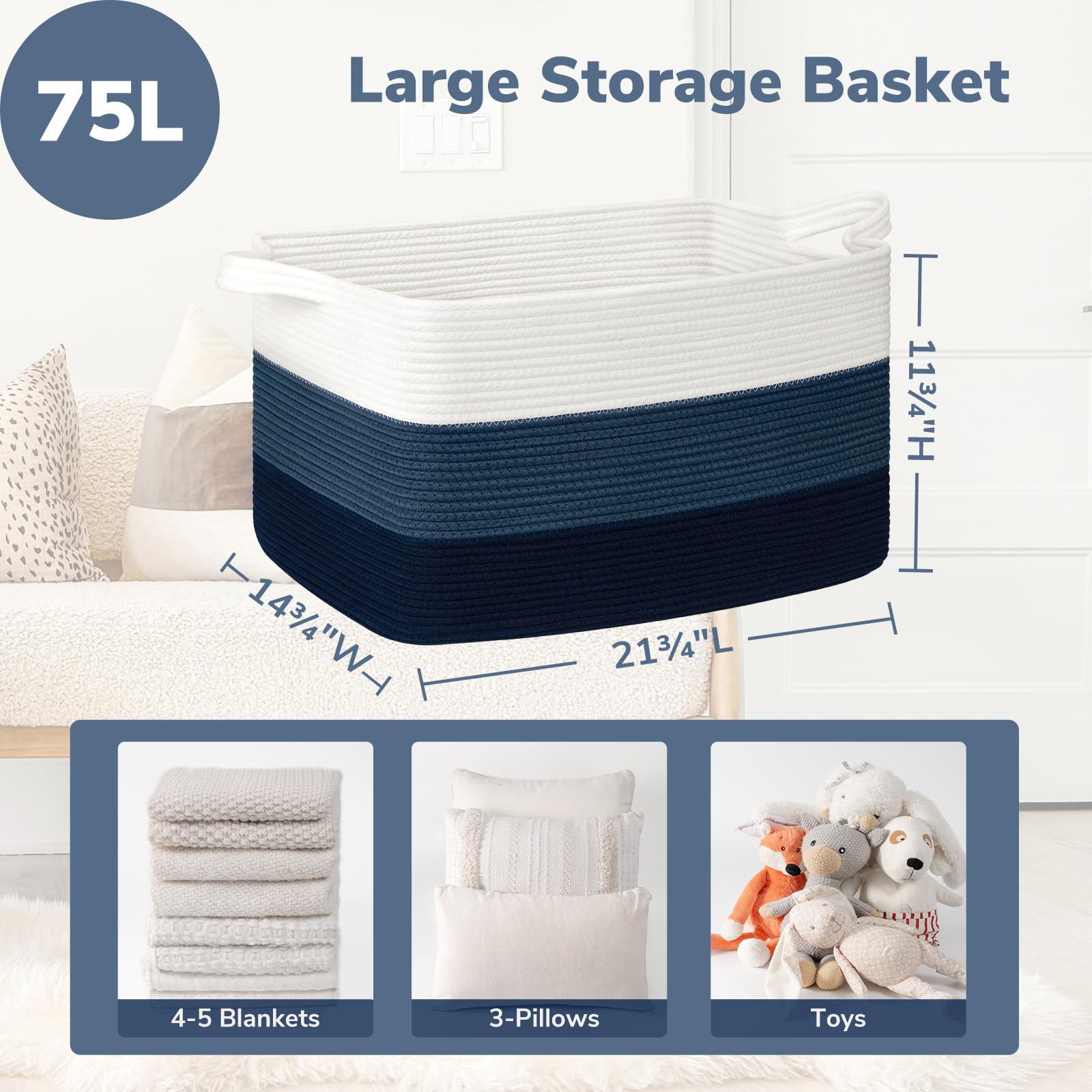 Goodpick storage basket blanket storage shows capacity for multiple throws