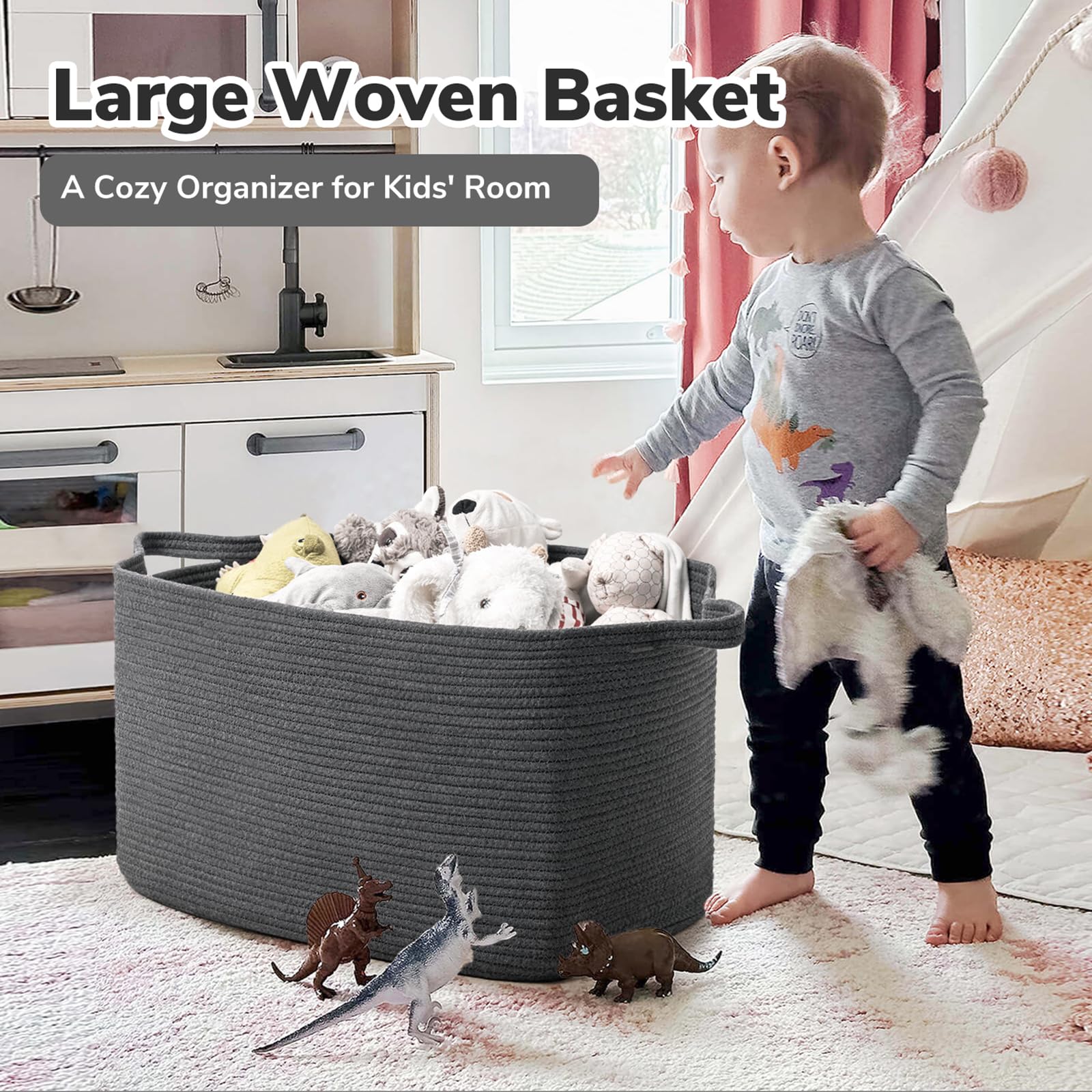 Goodpick storage basket in living room demonstrates versatile storage for blankets and toys