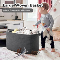 Goodpick storage basket in living room demonstrates versatile storage for blankets and toys