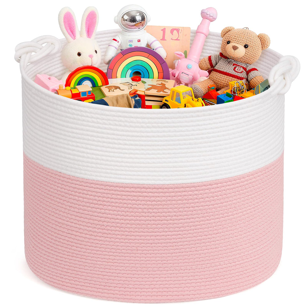 Goodpick toy storage basket in white and pink shows large capacity for nursery toys and blankets