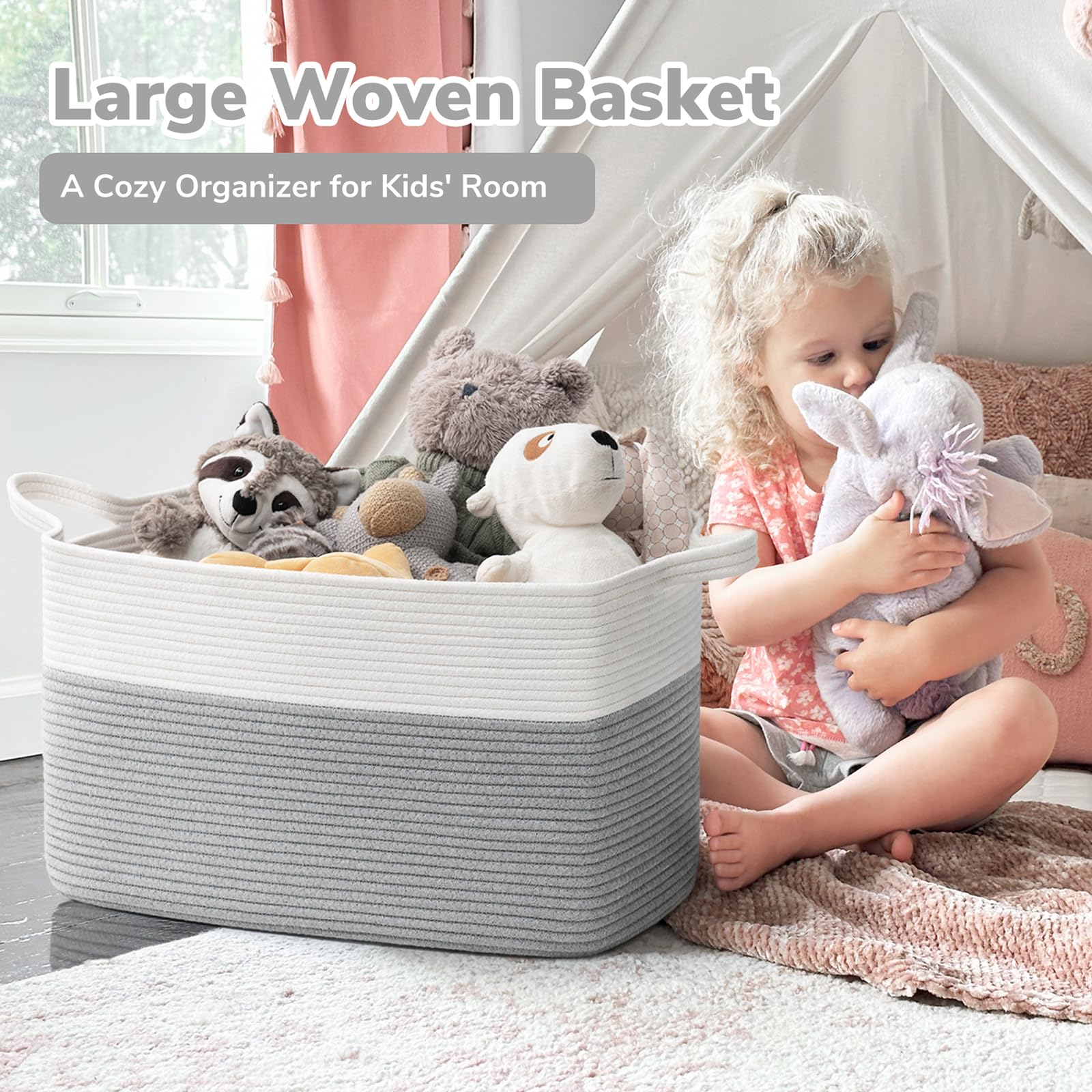 Goodpick grey basket front view highlighting built-in handles for portability.