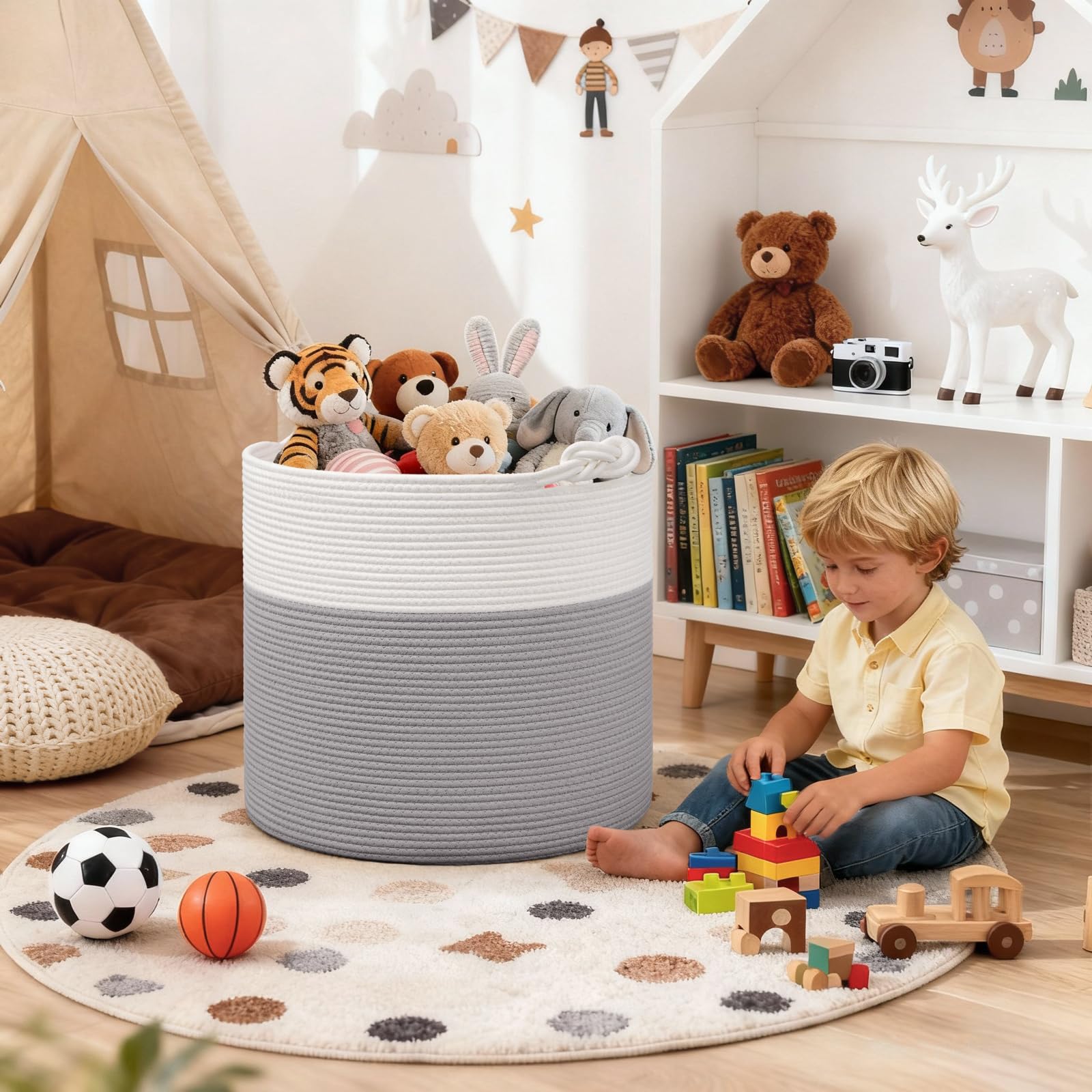 Goodpick toy storage basket grey handle detail emphasizes portability for nursery playtime.