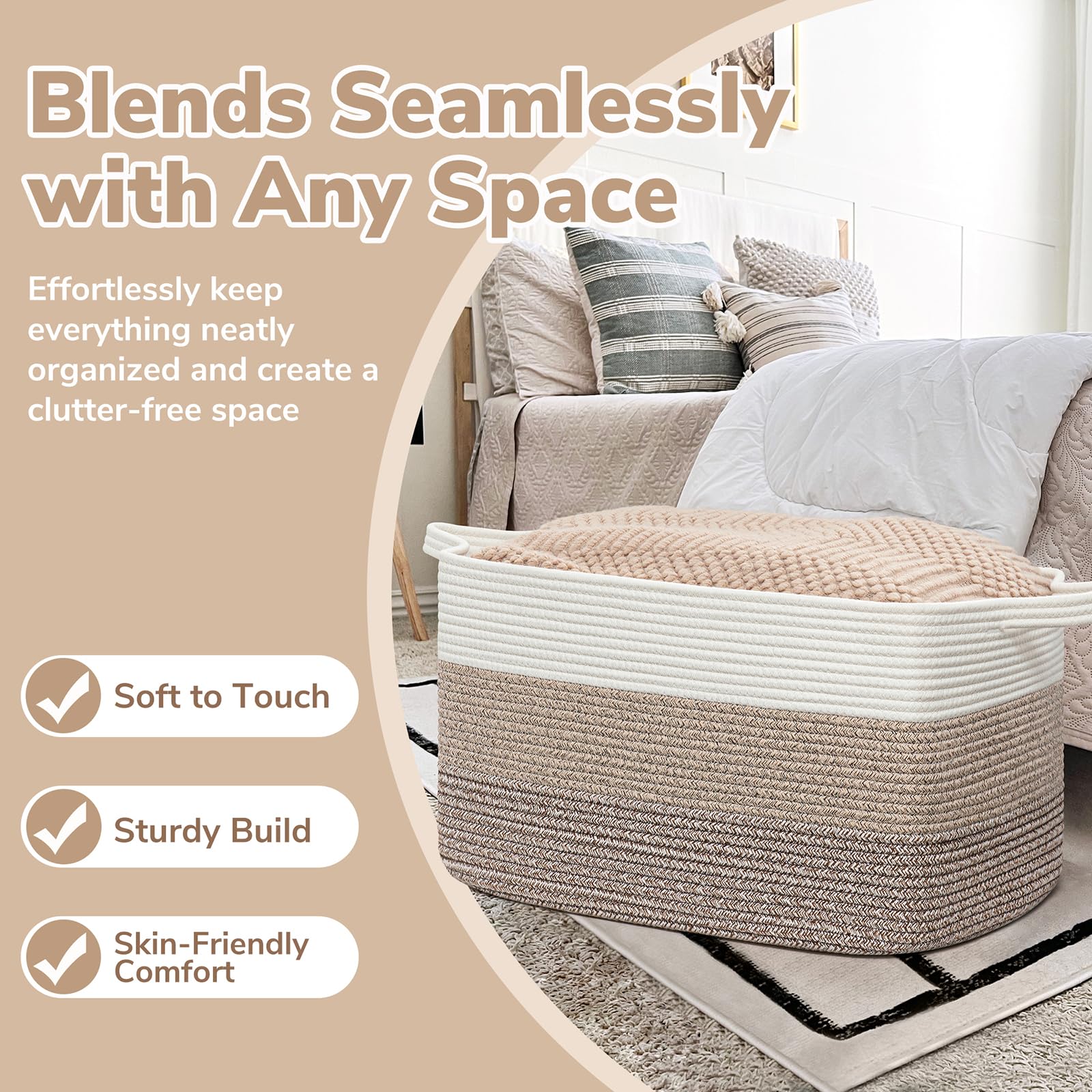 Goodpick woven basket in living room blends with neutral decor