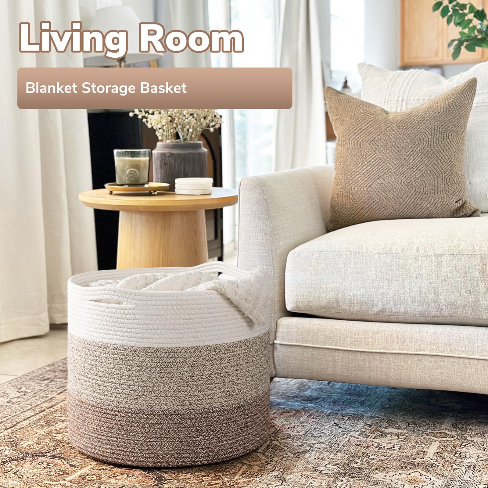 Goodpick woven basket with two handles enables easy room-to-room transport