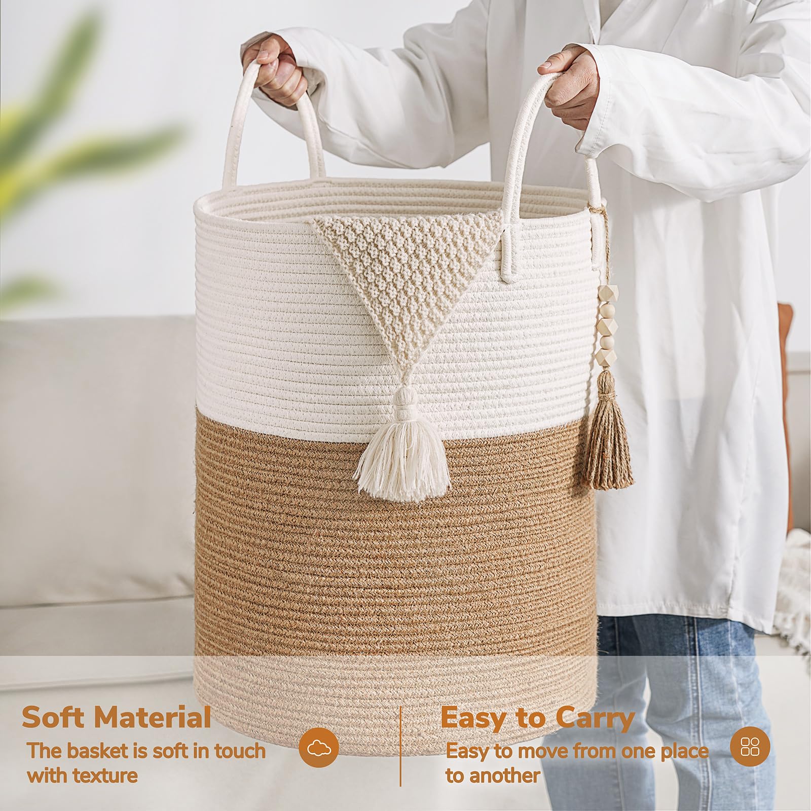 Goodpick woven laundry basket bead-tassel detail adds farmhouse charm