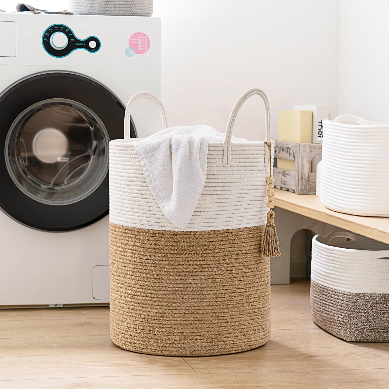 Goodpick woven laundry basket handles closeup reveals two sturdy side handles