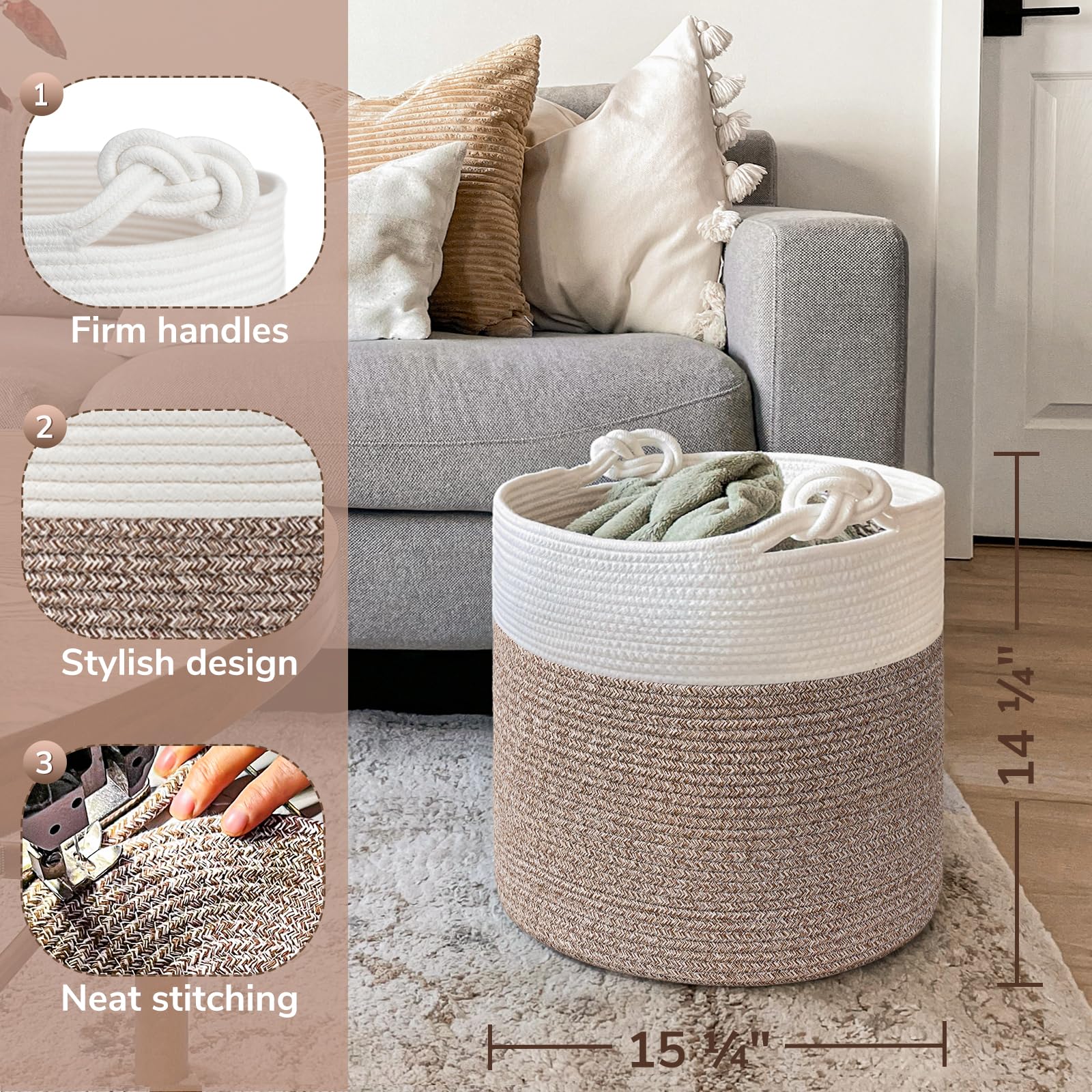Goodpick basket in living room decor demonstrates stylish versatility and neutral tone.