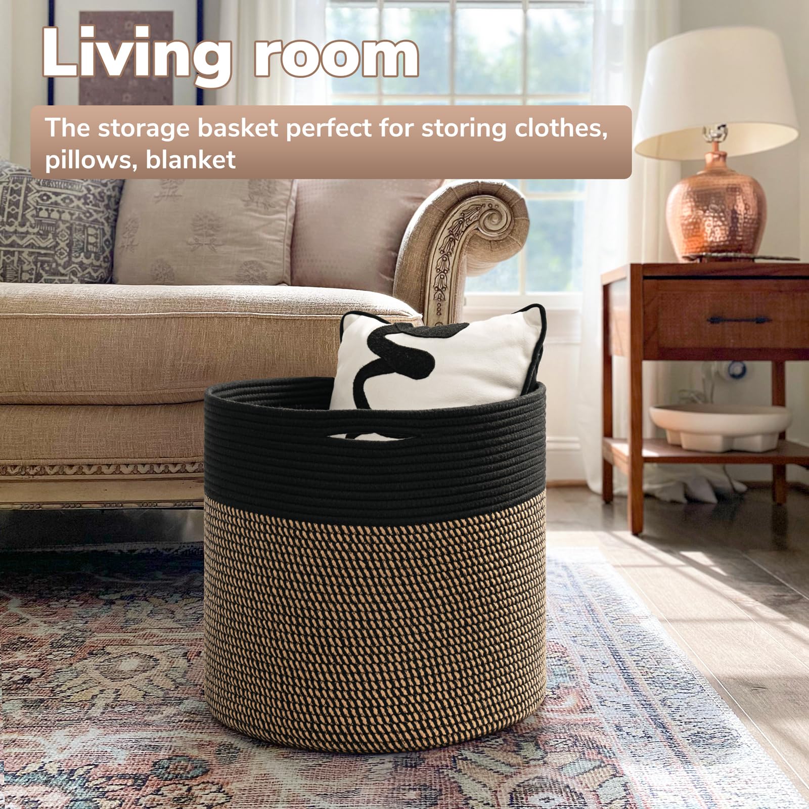 Goodpick Woven Rope Storage Basket in black, close-up weave shows soft, durable organization for daily use.