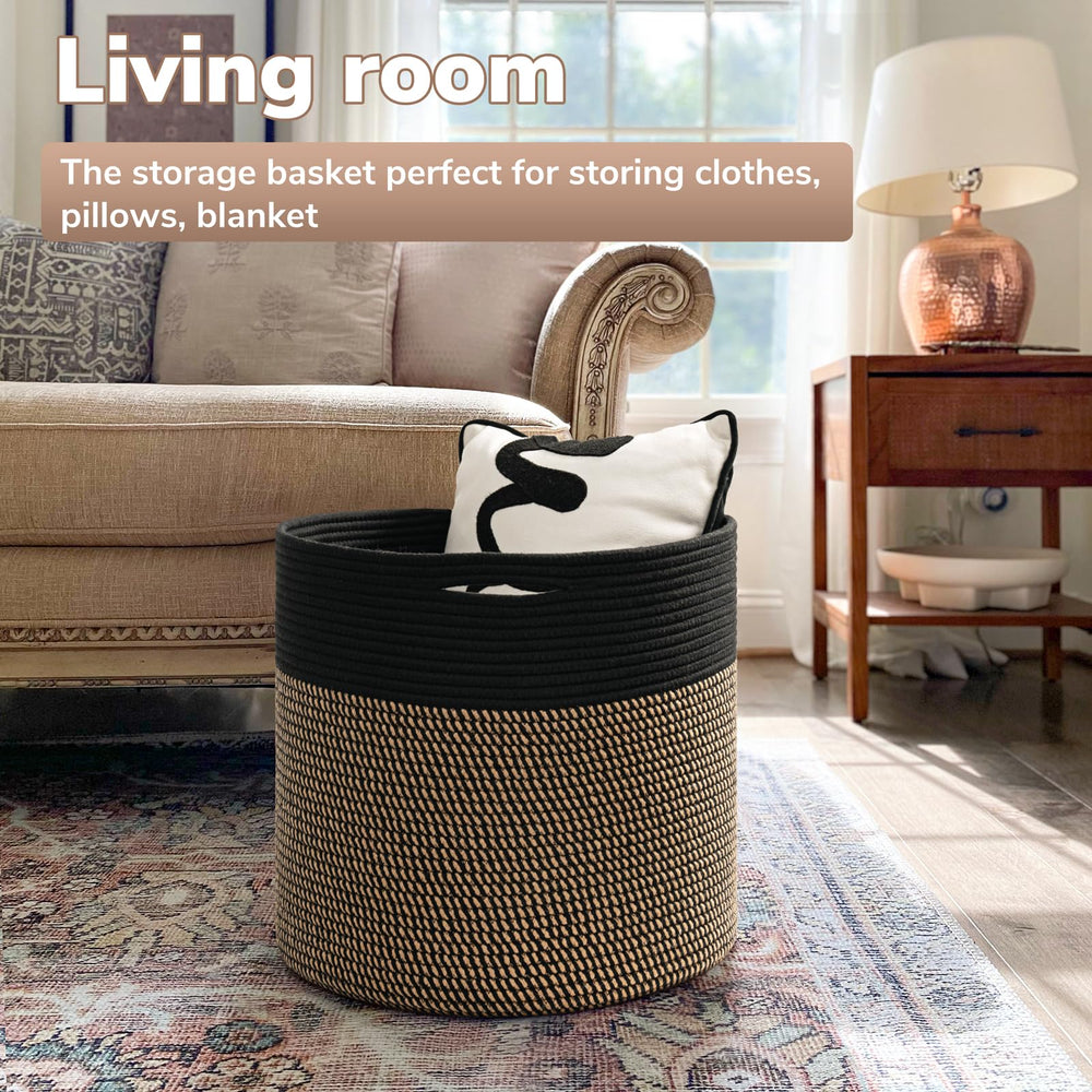 Goodpick Woven Rope Storage Basket in black, close-up weave shows soft, durable organization for daily use.