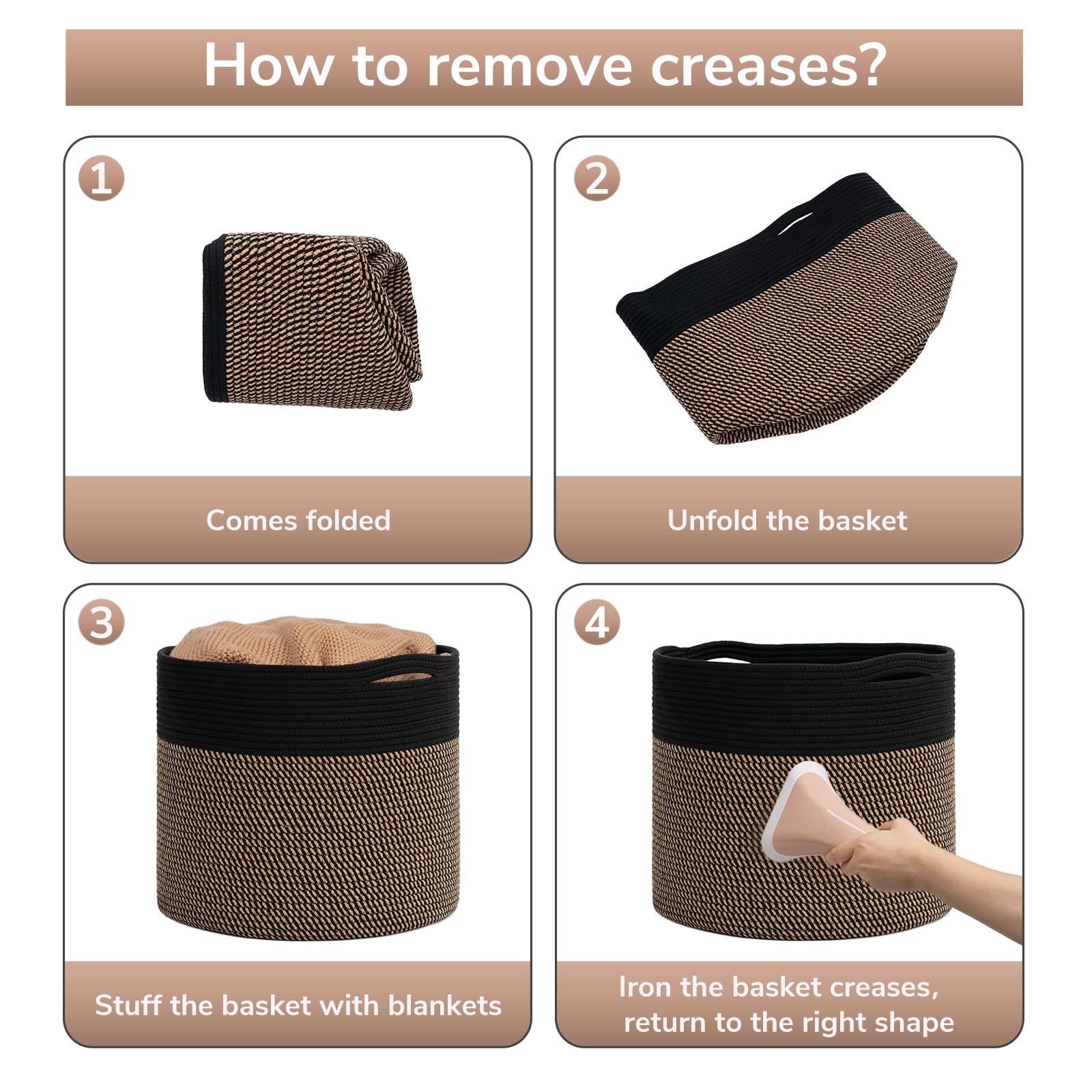 Goodpick Woven Rope Storage Basket black folded-flat storage option saves space when not in use.