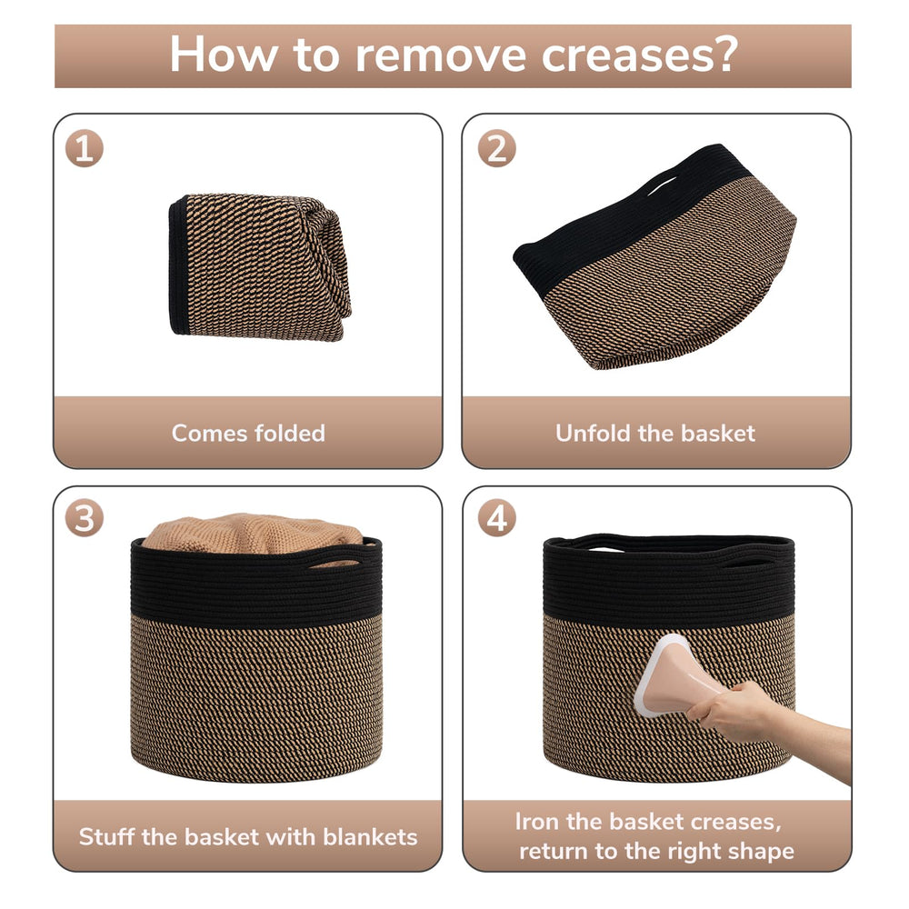 Goodpick Woven Rope Storage Basket black folded-flat storage option saves space when not in use.