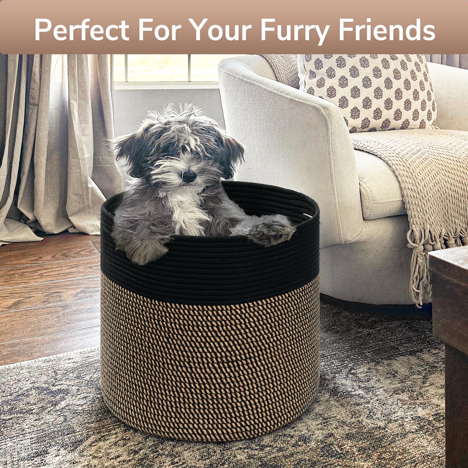 Goodpick Woven Rope Storage Basket black with two hidden handles shows portable organization in hallways or playrooms.