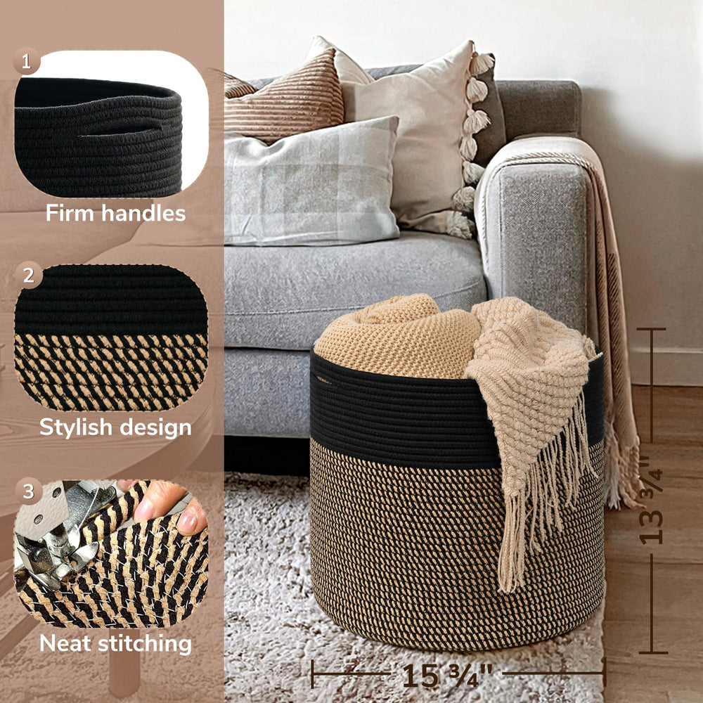 Goodpick Woven Rope Storage Basket black in living room illustrates versatile storage for towels, toys, or clothes.