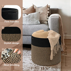 Goodpick Woven Rope Storage Basket black in living room illustrates versatile storage for towels, toys, or clothes.