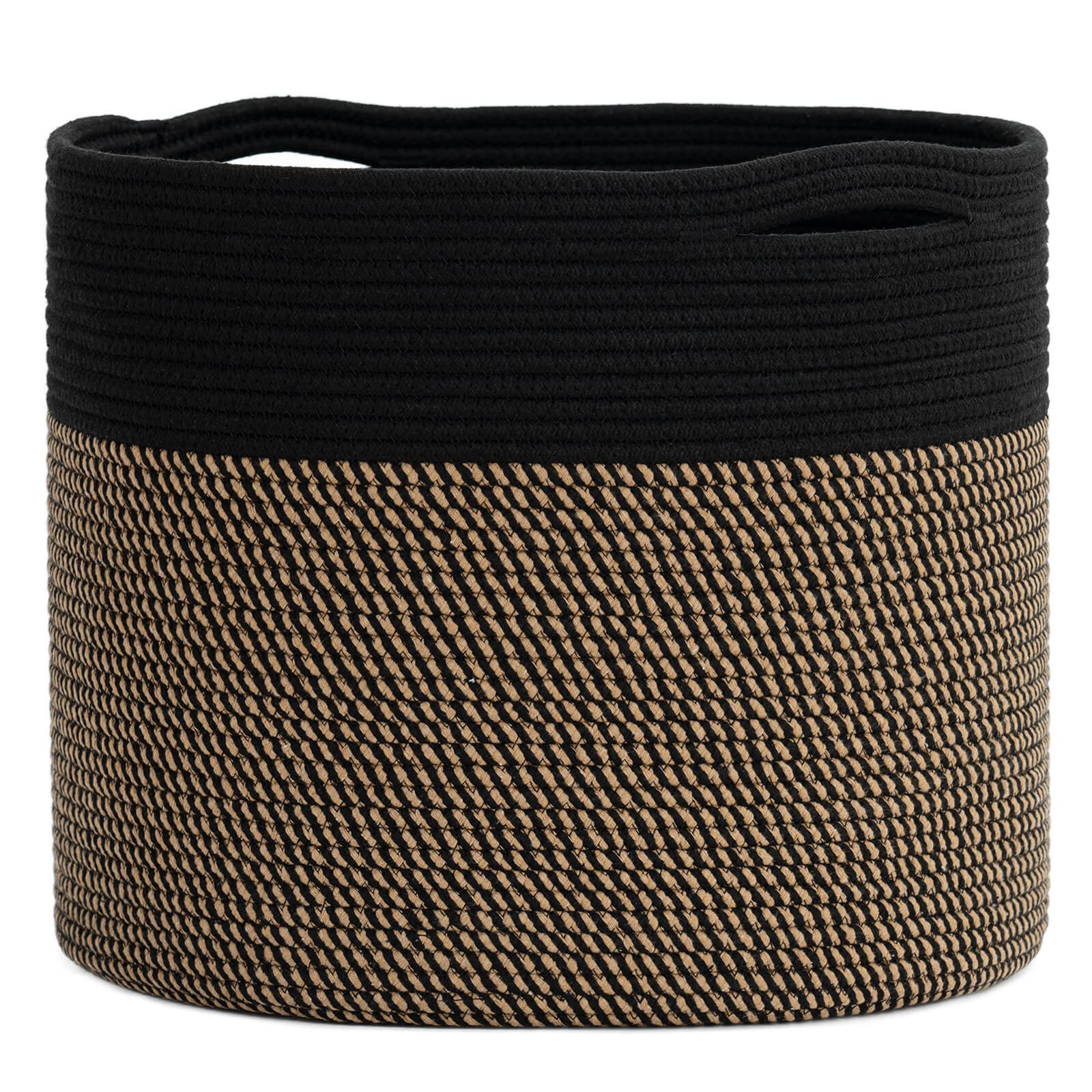 Goodpick Woven Rope Storage Basket in black, side view with hidden handles for easy transport and organization.