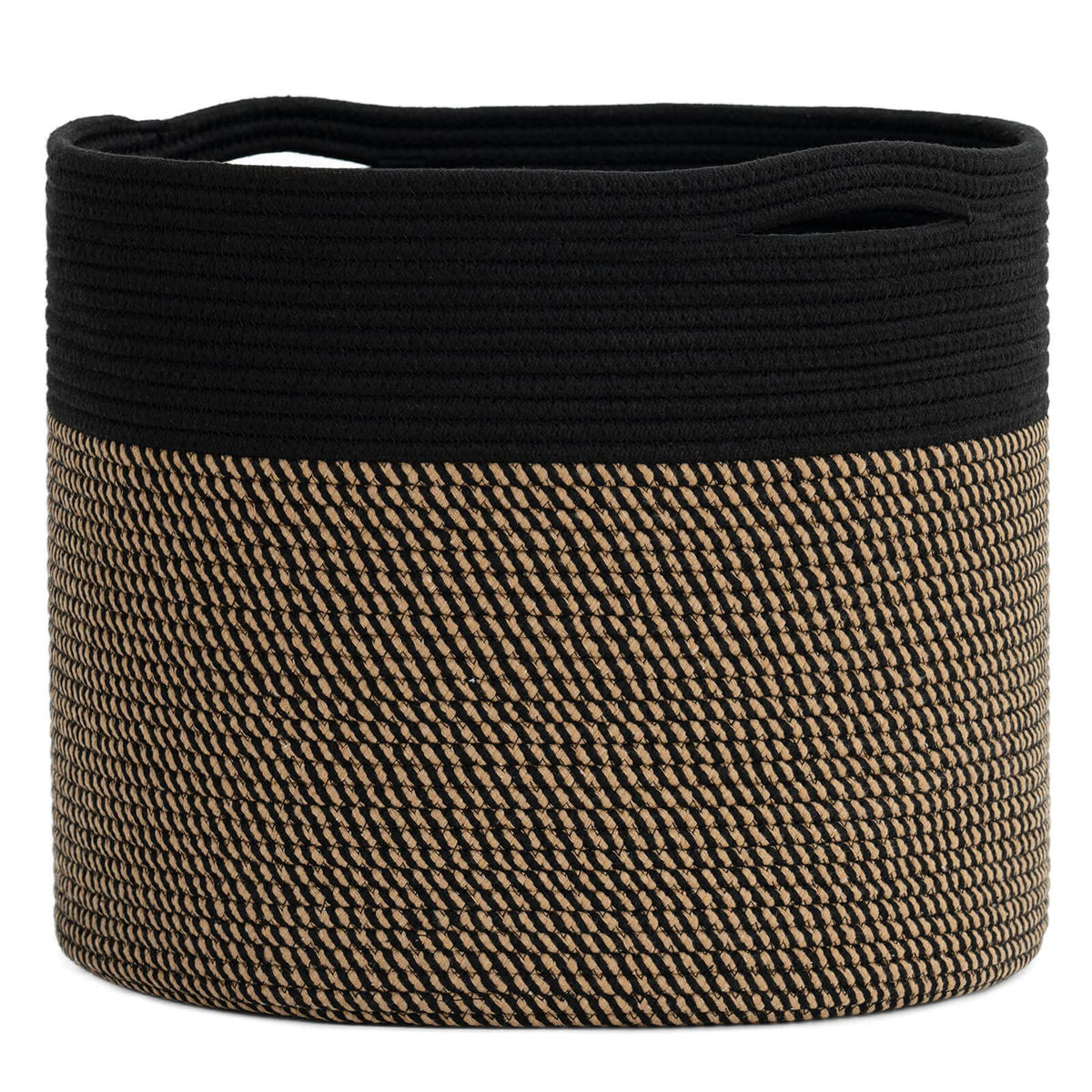 Goodpick Woven Rope Storage Basket in black, side view with hidden handles for easy transport and organization.