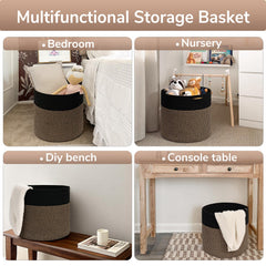Goodpick Woven Rope Storage Basket black with blankets demonstrates capacity and soft touch in a nursery or bedroom.