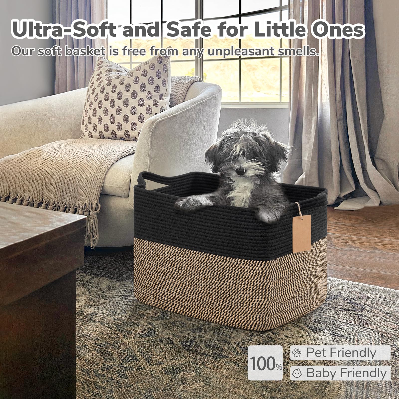 Goodpick woven storage basket in bedroom stores clothes and laundry with style.