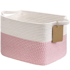 Goodpick Woven Storage Basket front view in pink for tidy shelf organization