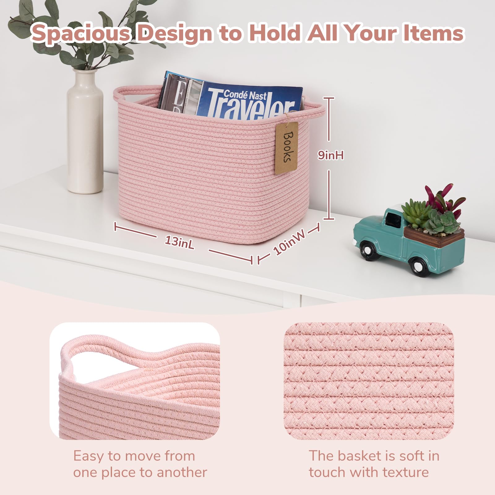 Goodpick woven storage basket handles-closeup features easy-grip handles for effortless lifting from shelves.