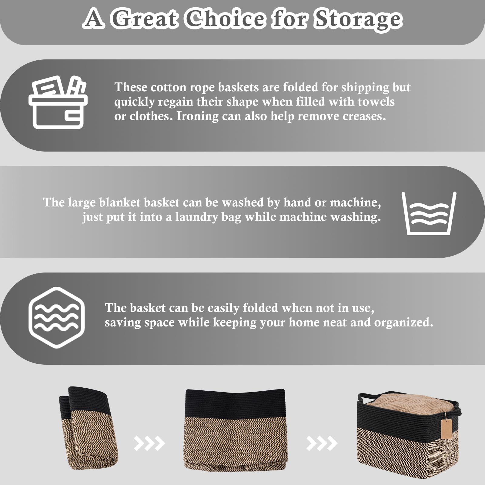 Goodpick woven storage basket with handles enables easy carrying from room to room.