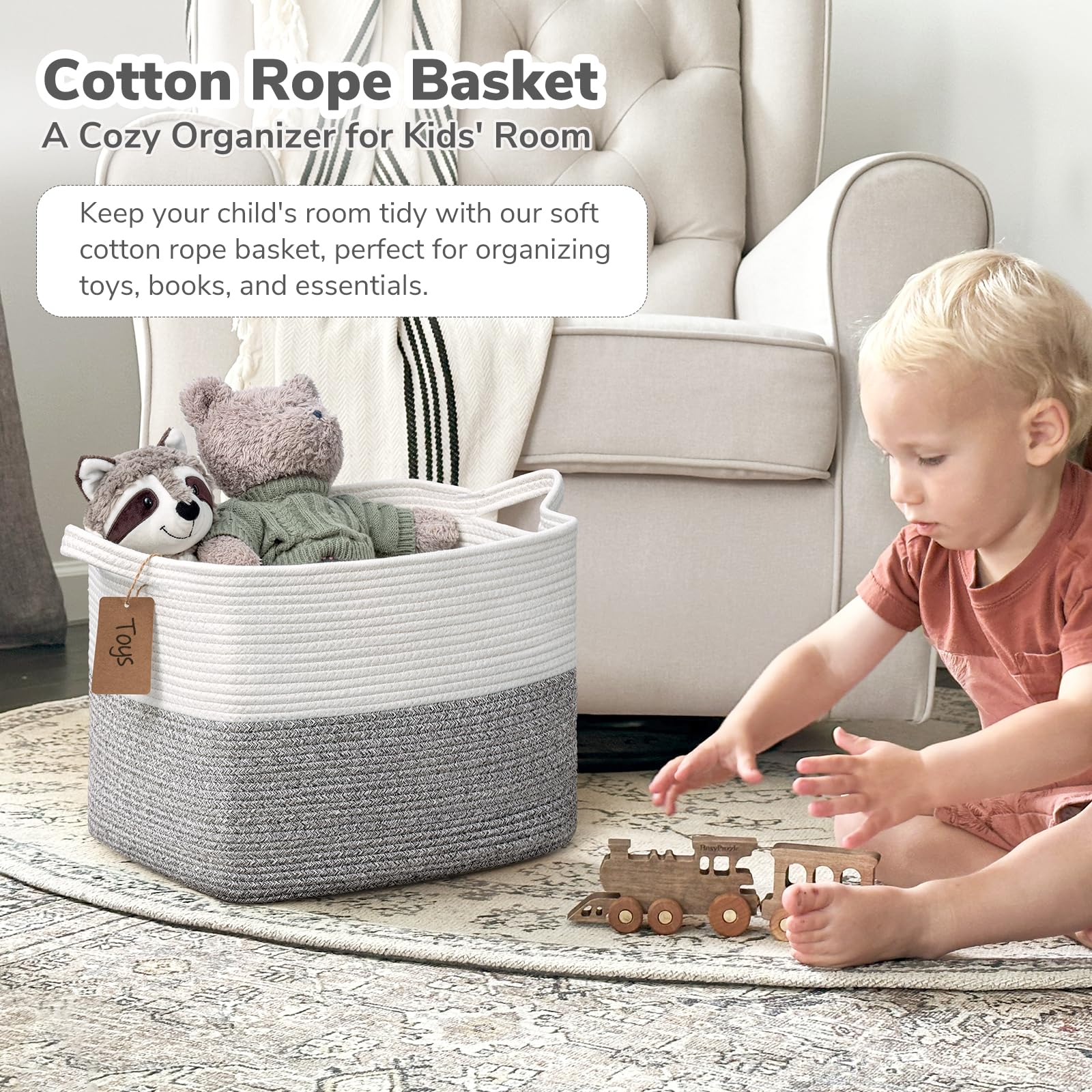 Goodpick Woven Storage Basket with labeled tags for quick toy or towel organization.