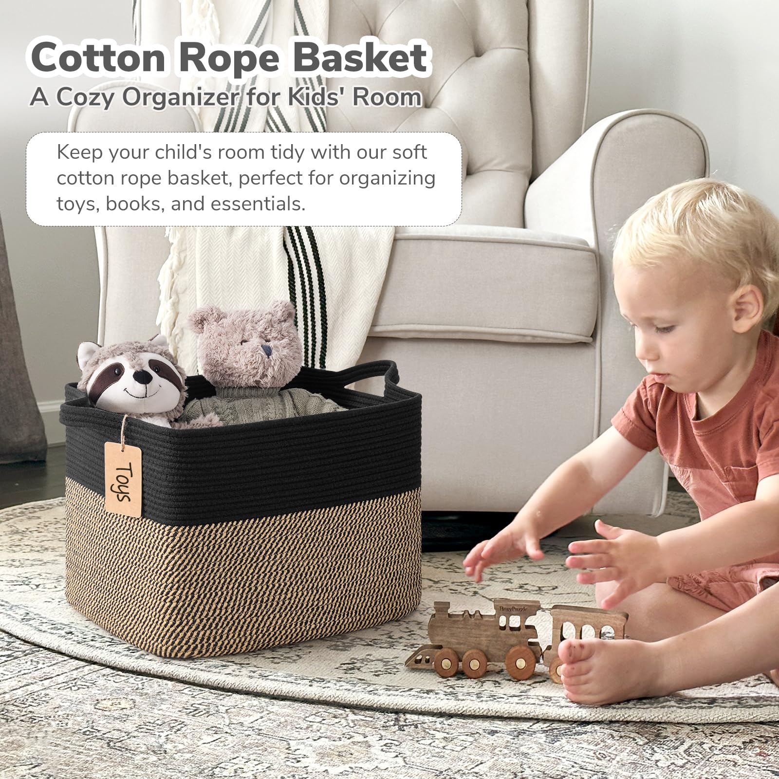 Goodpick woven storage basket in living room keeps magazines tidy and stylish.