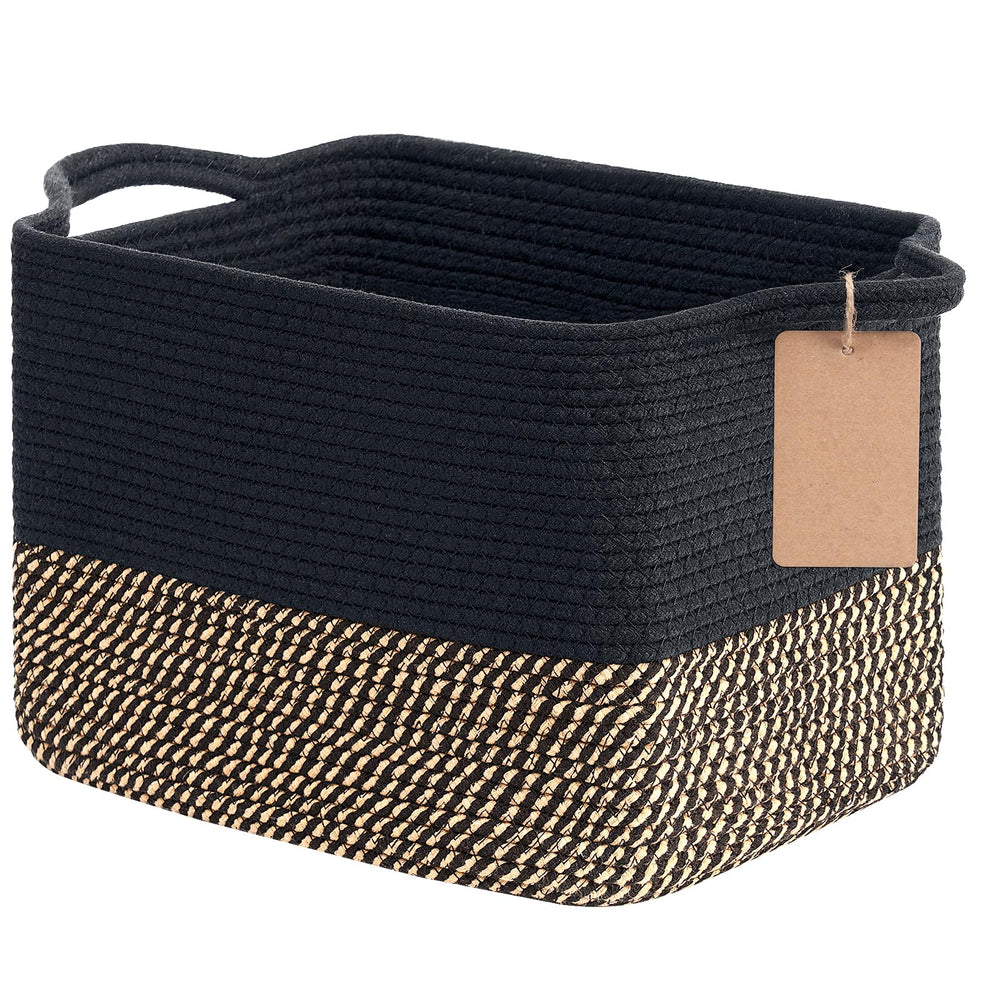 Goodpick Woven Storage Basket on a shelf with labels helps you identify contents