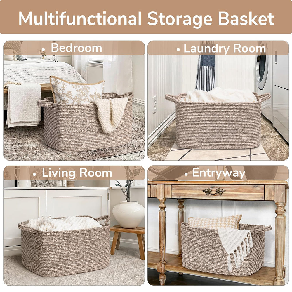 Goodpick woven storage basket with two handles for easy transport between rooms