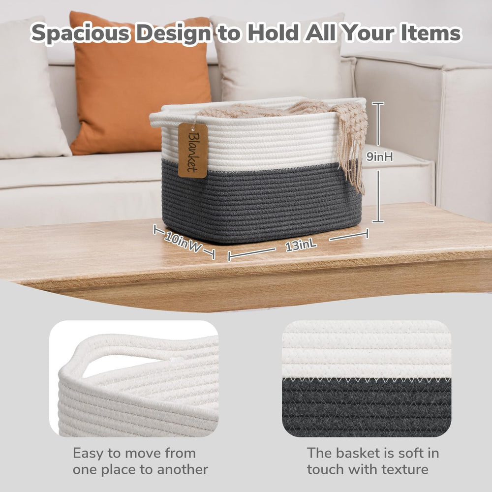 Goodpick woven storage basket white-dark-gray tone enhances neat shelf presentation