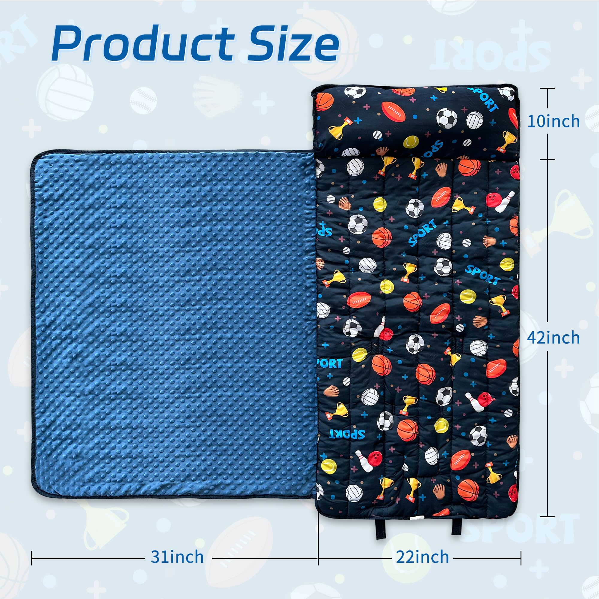 Googgoing nap mat shows 52x22 sleeping pad for roomy toddler naps.