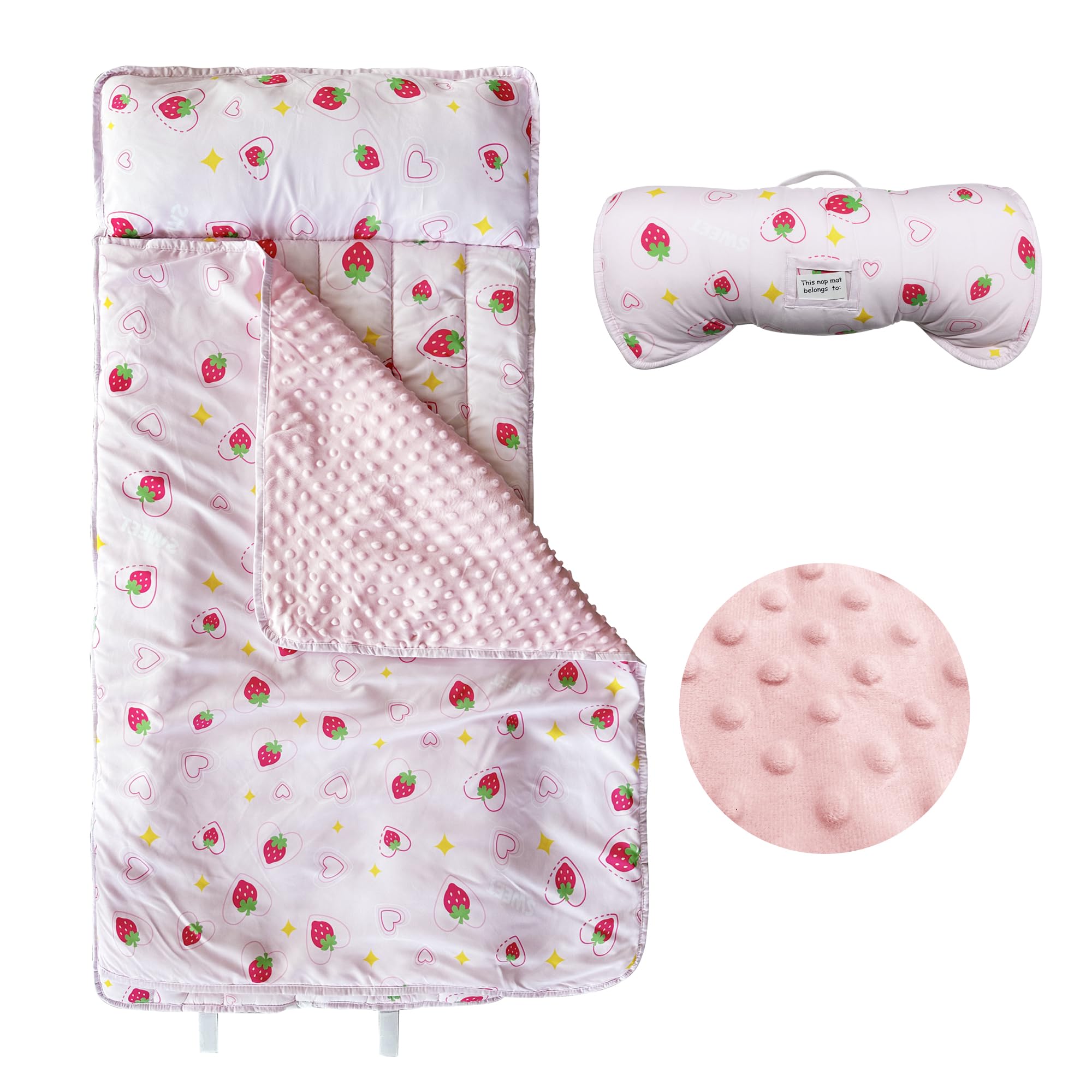 Googgoing toddler nap mat in pink strawberry pattern unfolded for cozy nap time
