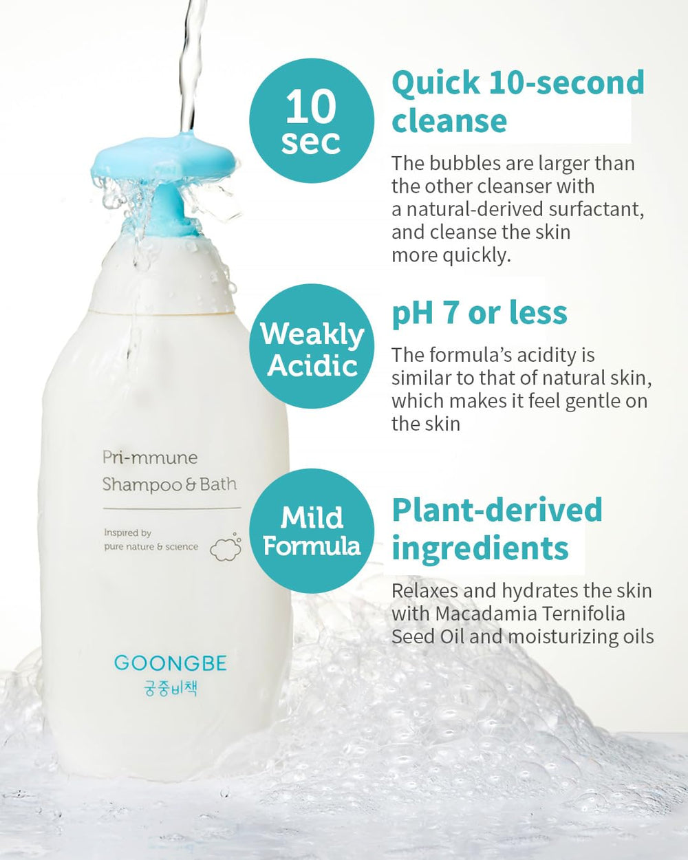 GOONGBE Pri-mmune baby-skin closeup hints at skin-friendly cleansing after bath.