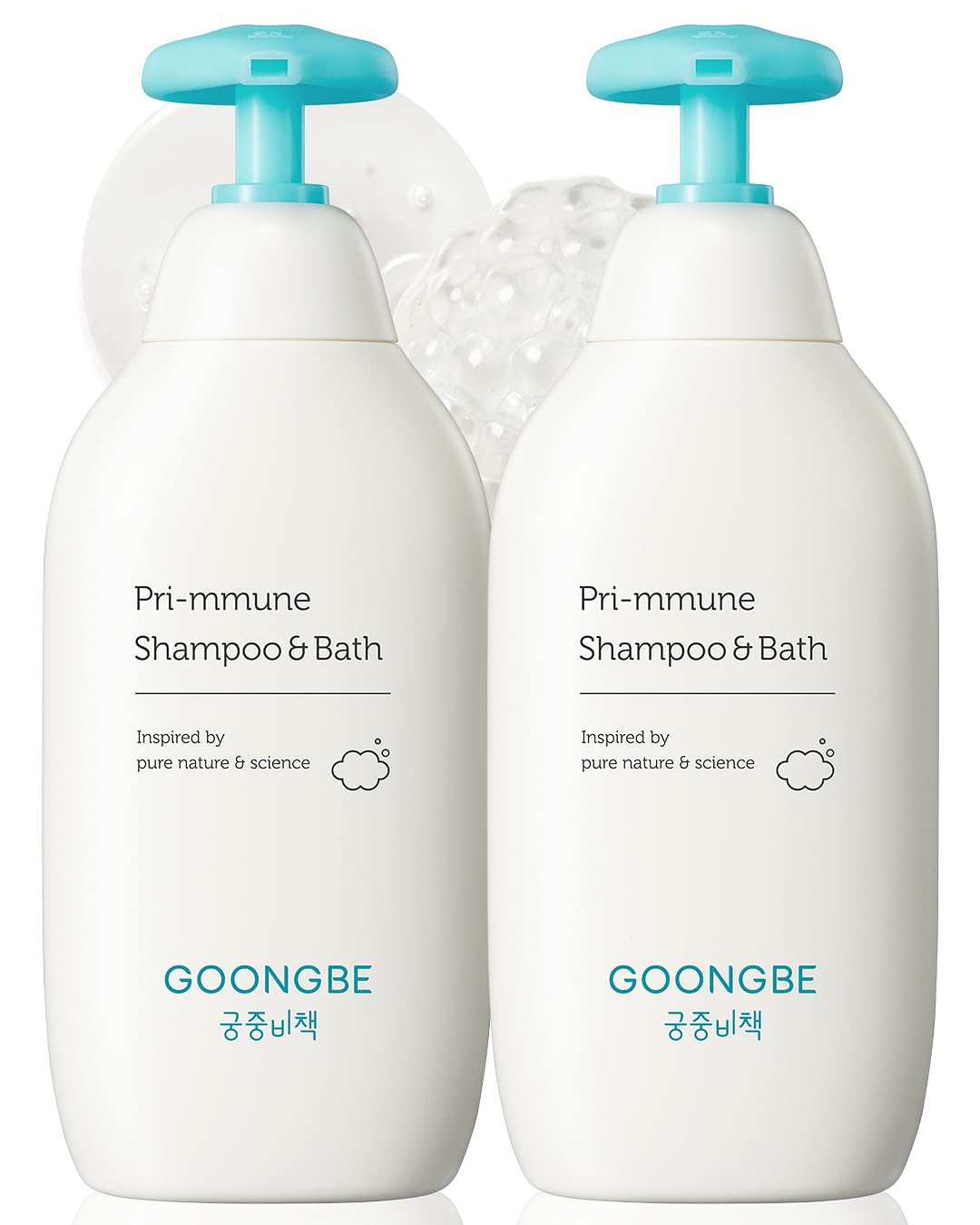 GOONGBE Pri-mmune shampoo-bath bottle pour shows gentle cleansing for sensitive skin.