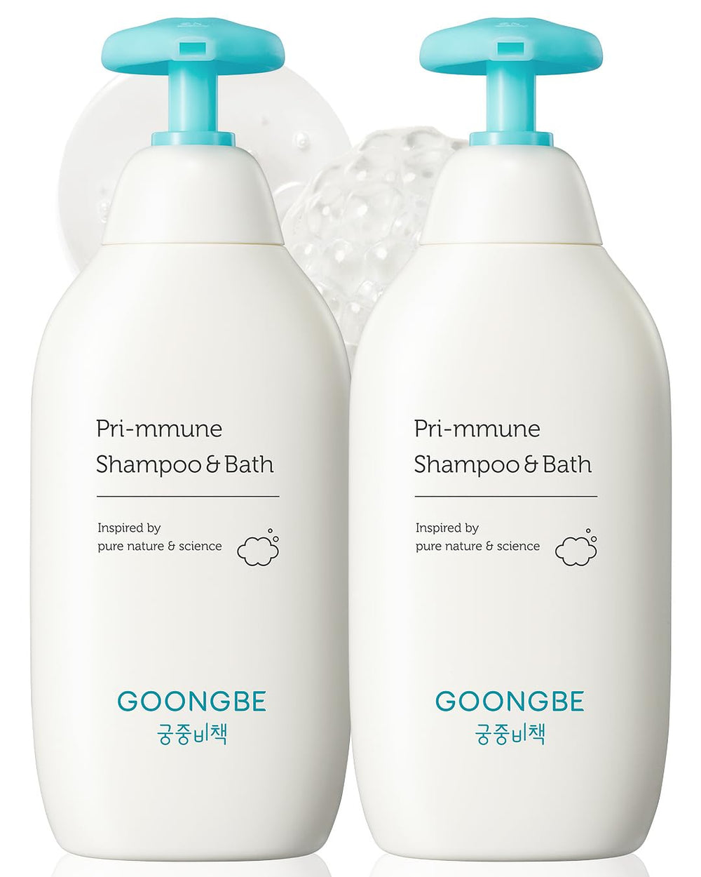 GOONGBE Pri-mmune shampoo-bath bottle pour shows gentle cleansing for sensitive skin.