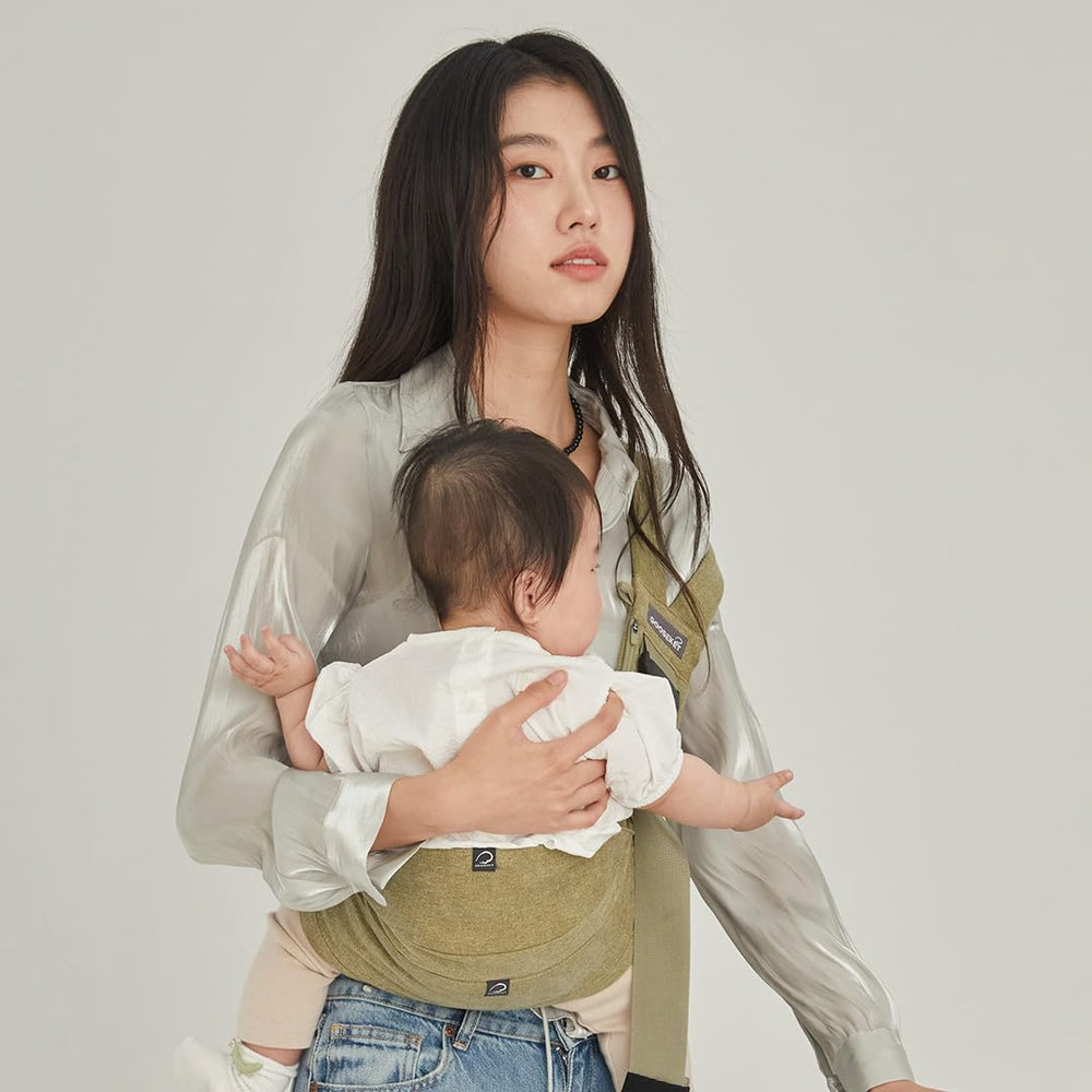 Gooseket 365 toddler carrier khaki in-use on/off for quick setup
