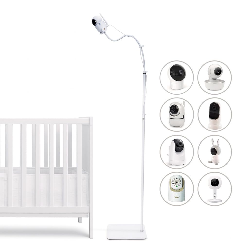 Goozie baby monitor floor stand showcases universal compatibility for multiple camera models for flexible nursery setup
