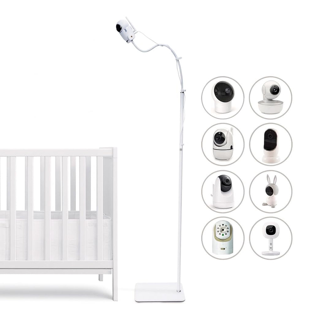 Goozie baby monitor floor stand showcases universal compatibility for multiple camera models for flexible nursery setup