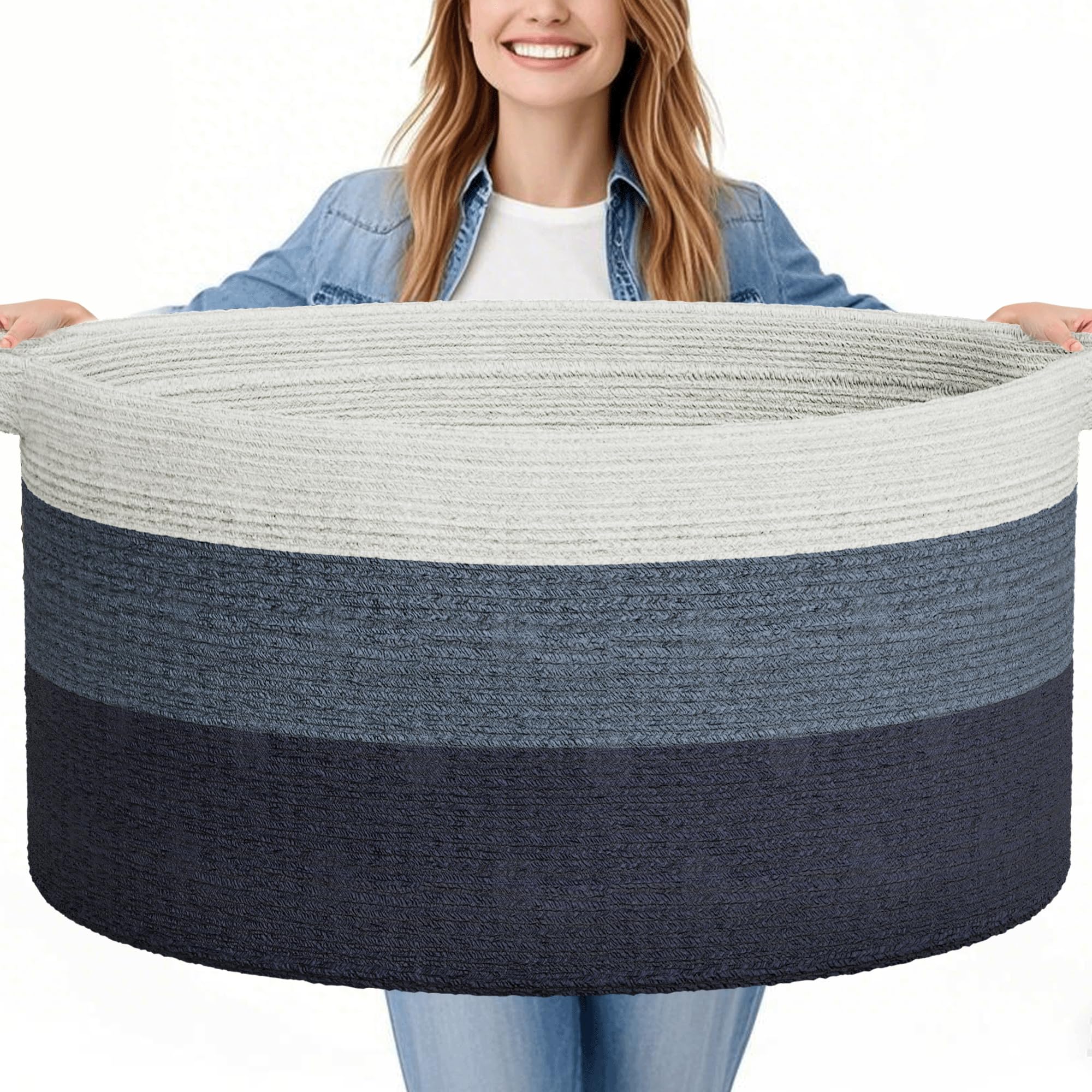 GOPAS 125L blanket basket in gradual blue, side view showing ample storage for blankets