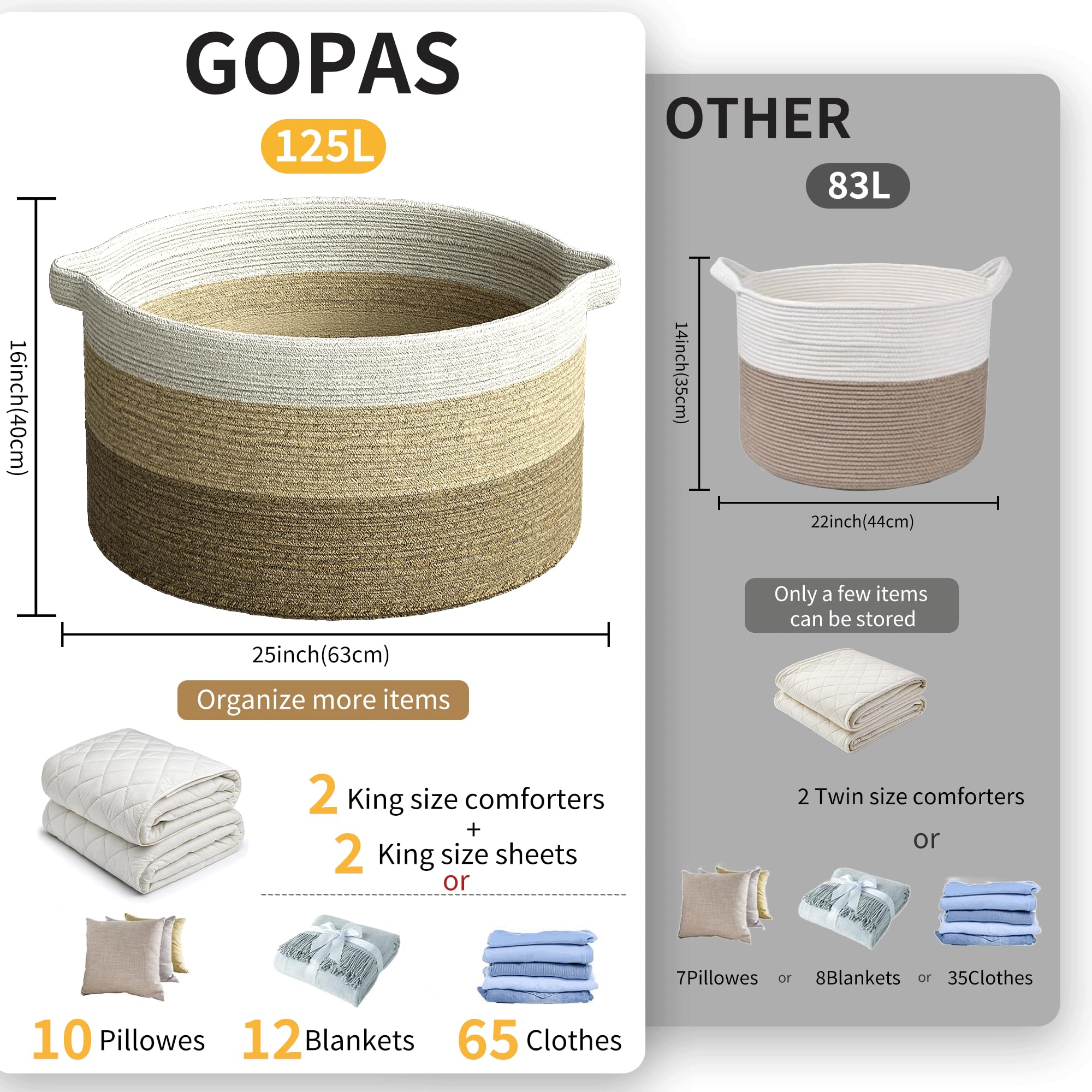 GOPAS 125L blanket basket full with towels demonstrates large storage capacity.