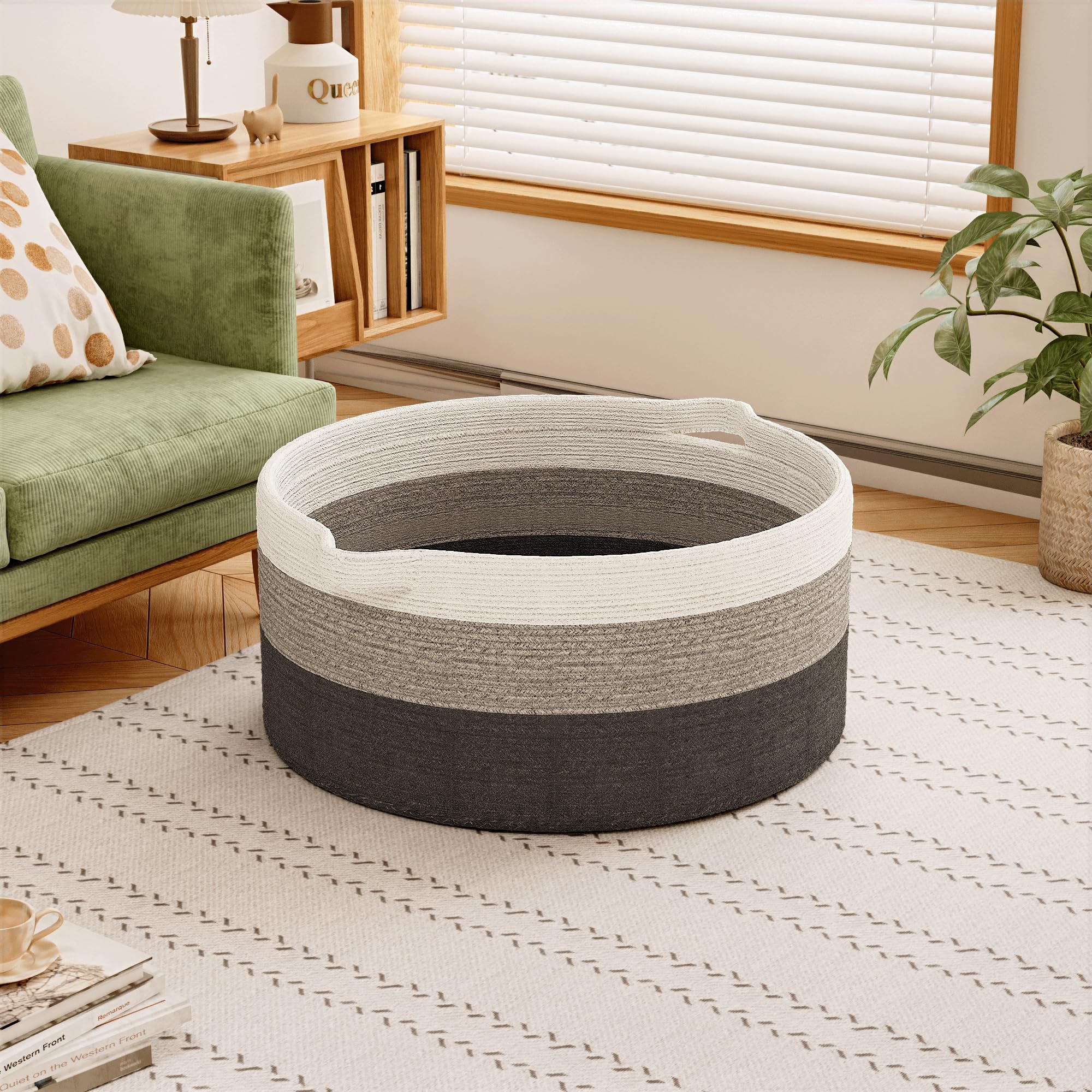 GOPAS 125L blanket basket gray with handles for easy carrying and organization.