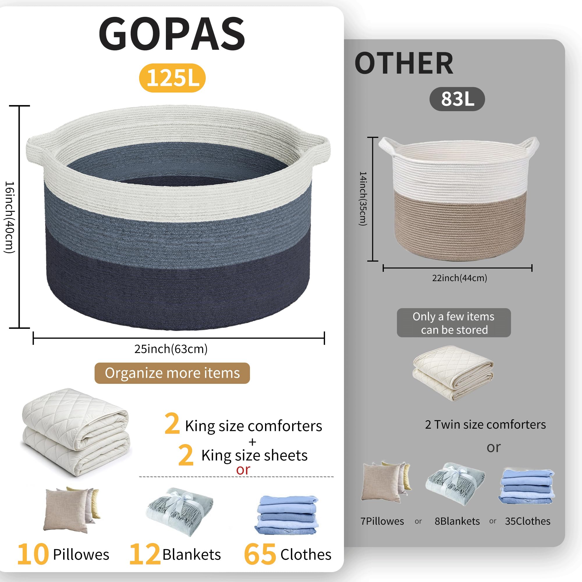 GOPAS 125L cotton rope basket with handles, designed for effortless relocation