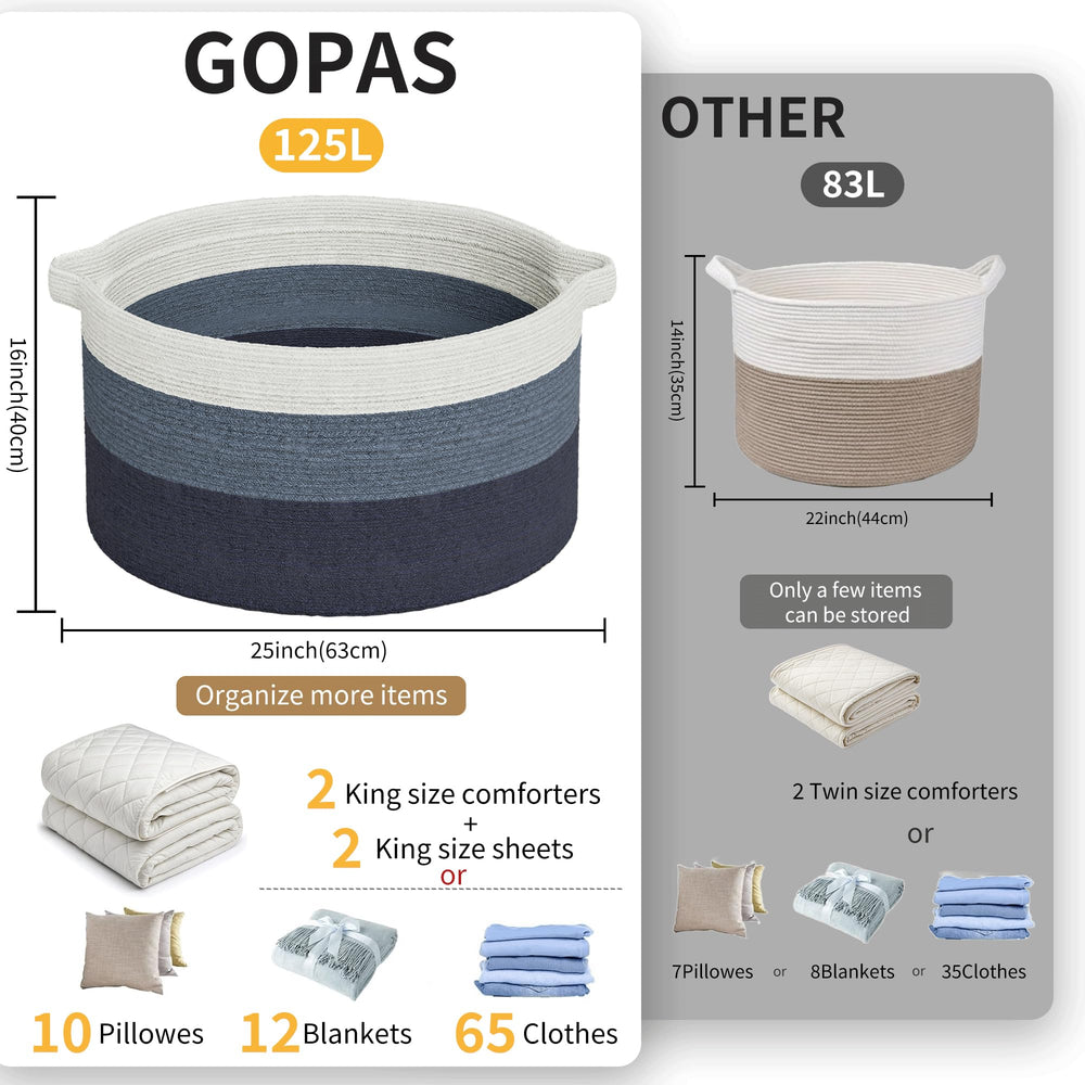 GOPAS 125L cotton rope basket with handles, designed for effortless relocation