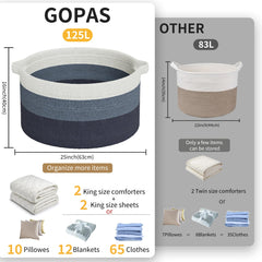 GOPAS 125L cotton rope basket with handles, designed for effortless relocation