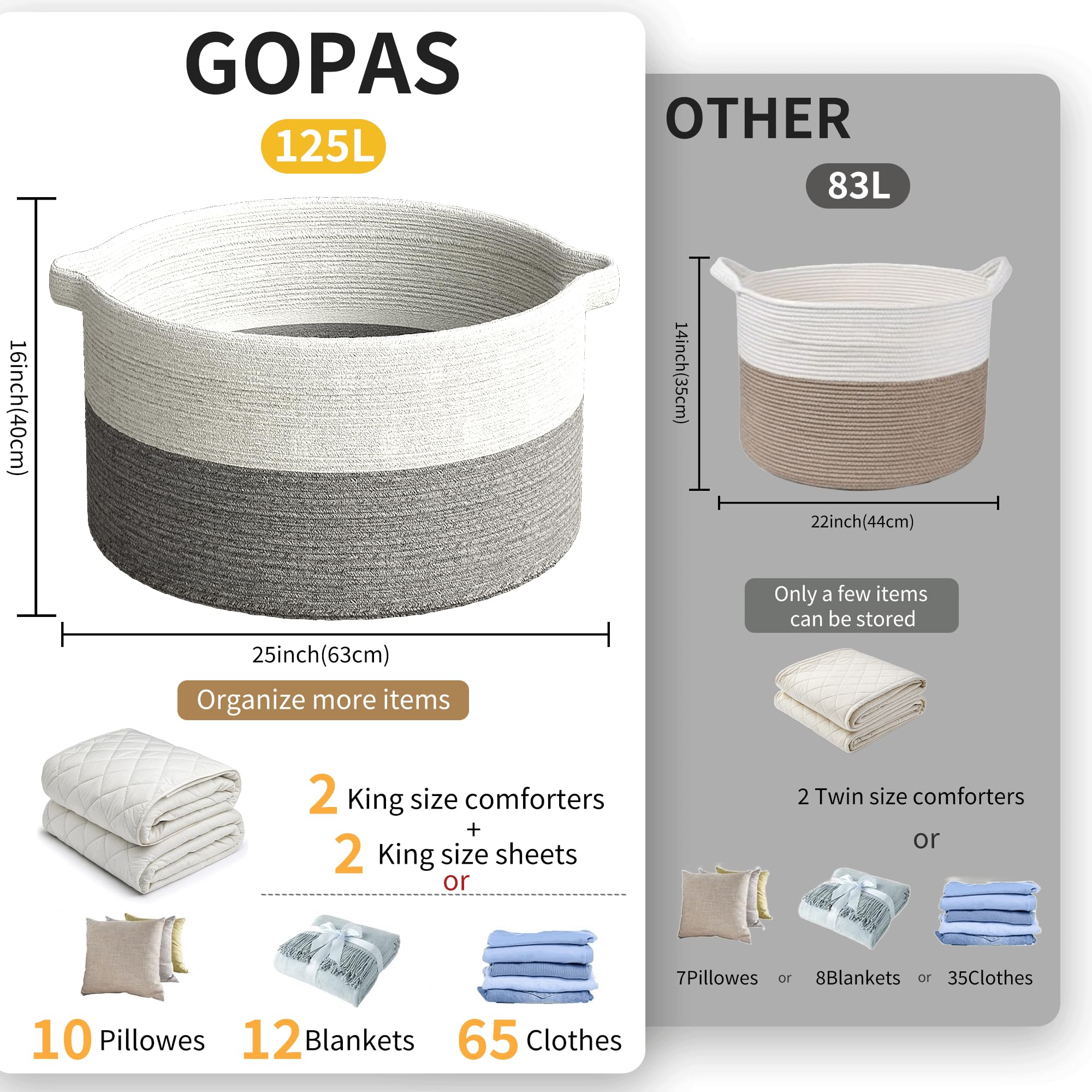 GOPAS blanket basket in the living room shows neutral white and gray styling for versatile decor.