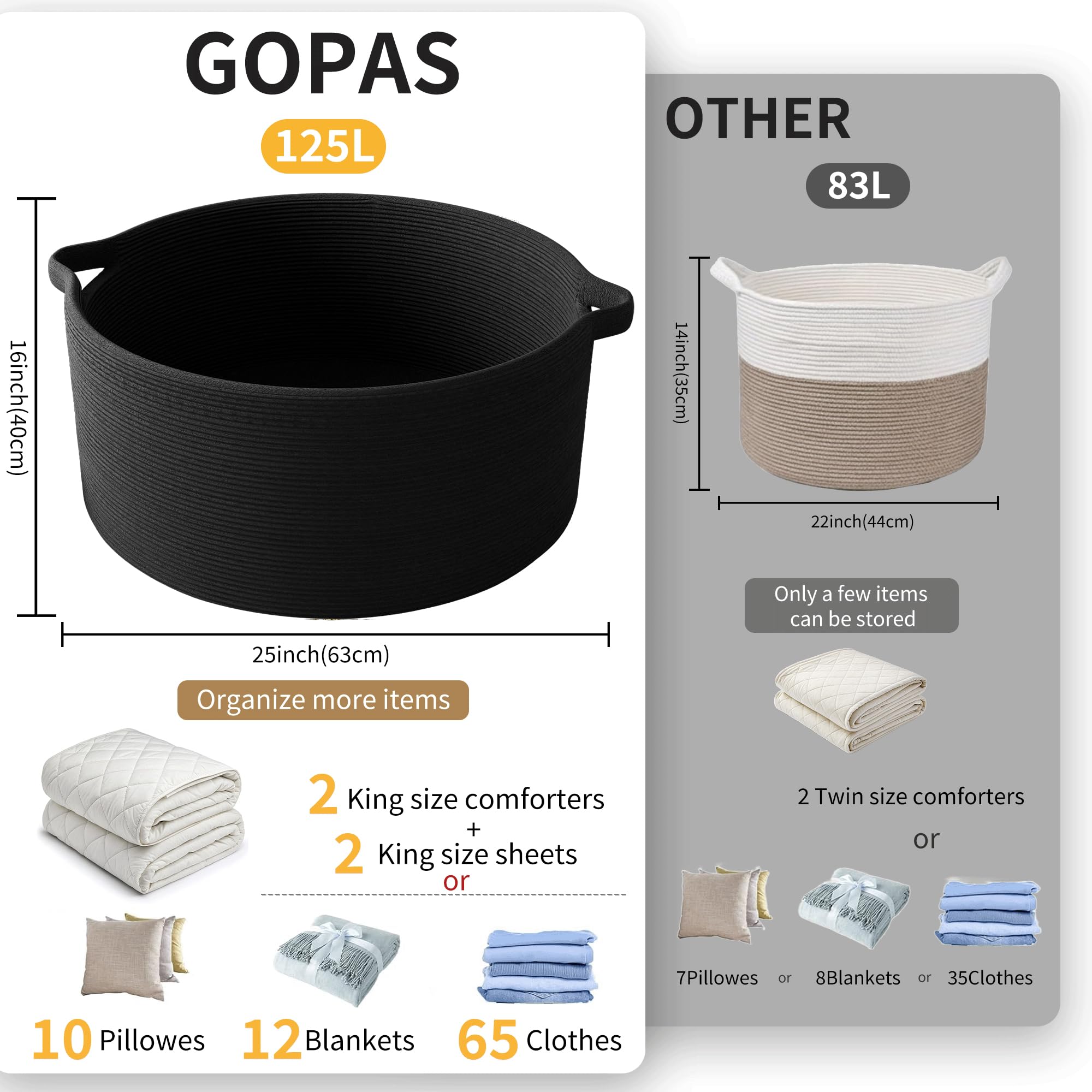 GOPAS cotton rope basket in black with handles for easy transport