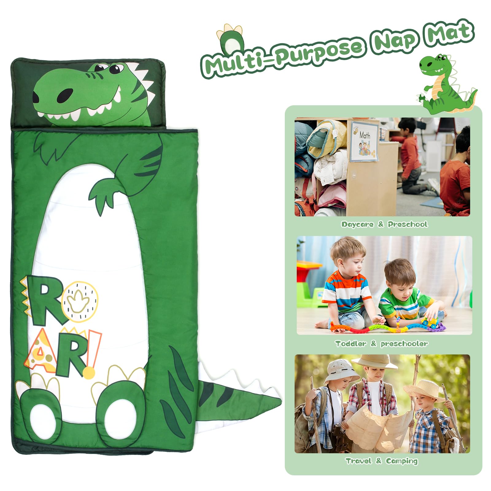 GOPHRALOVE Dinosaur Nap Mat with removable pillow for easy cleaning and quick setup.