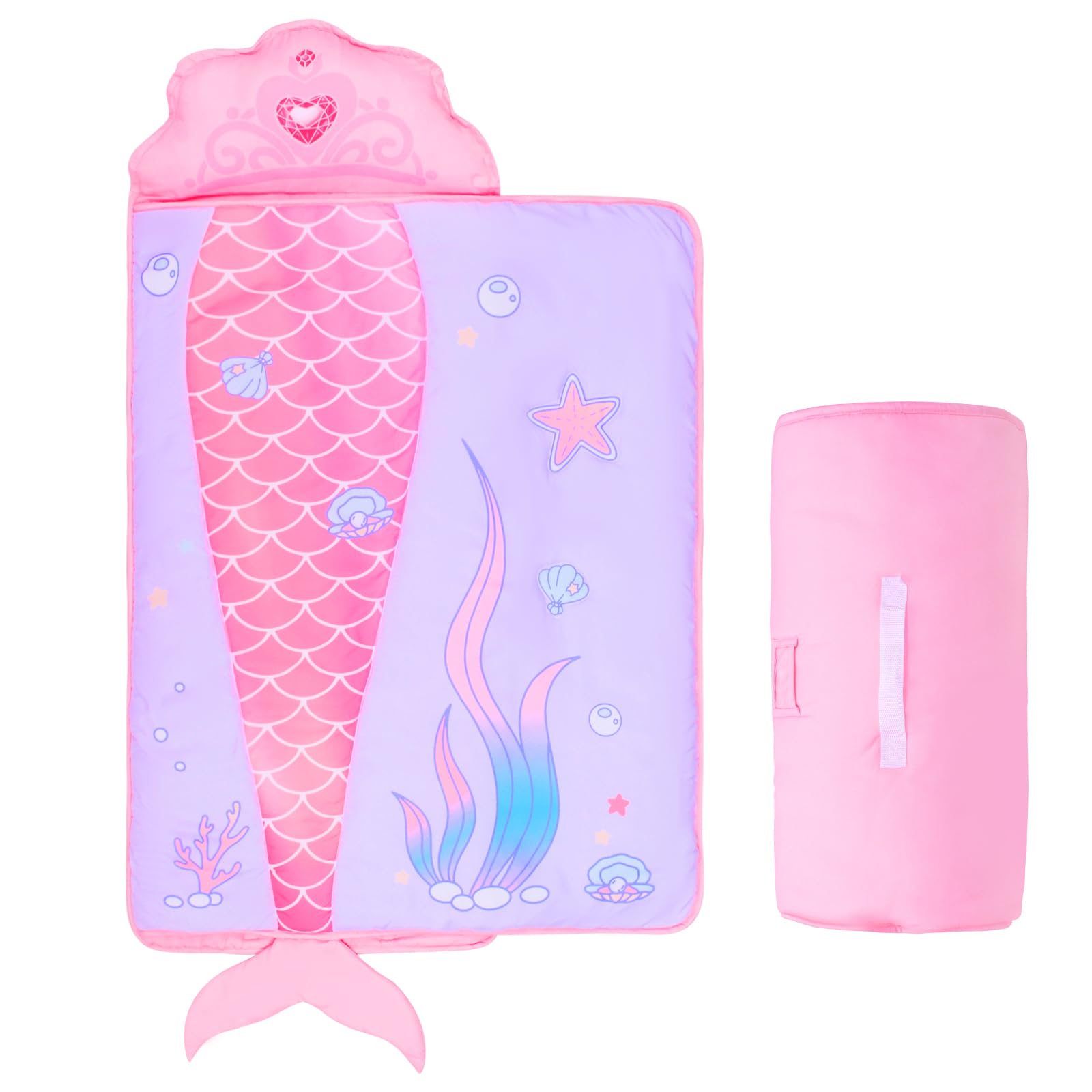 GOPHRALOVE Mermaid Nap Mat roll and carry handle for easy daycare transport.