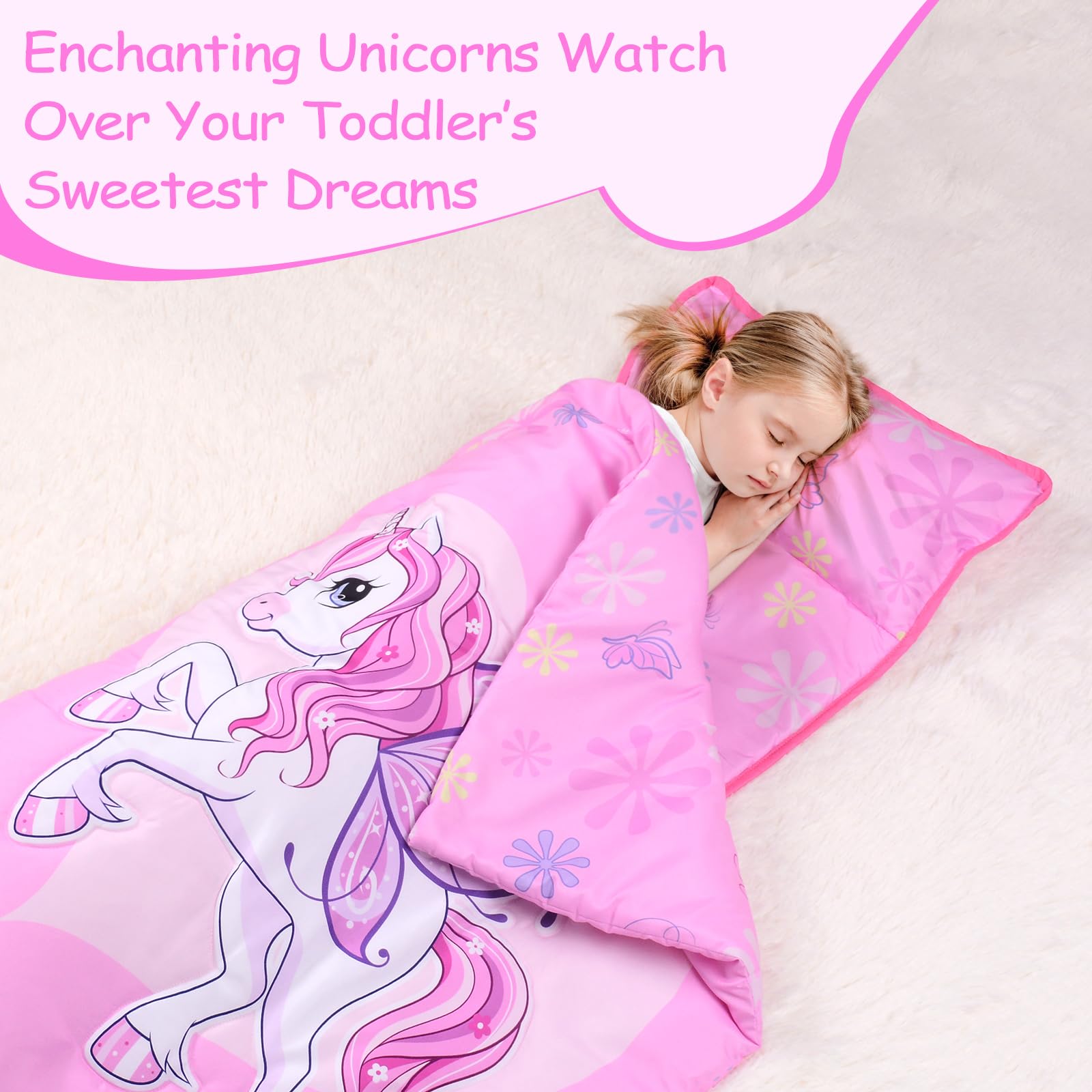 GOPHRALOVE Unicorns Nap Mat measures 53x21 inches for kids up to four feet tall.