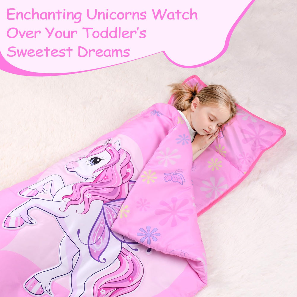 GOPHRALOVE Unicorns Nap Mat measures 53x21 inches for kids up to four feet tall.